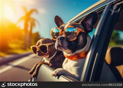 Traveling by car with dogs. French bulldogs wearing sunglasses. Summer holidays with pets. Traveling by car with dogs. French lapdogs in sunglasses. Summer holidays with pets