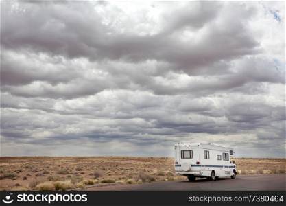 Traveling by motorhome in american prairie, Utah, USA