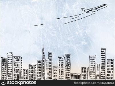 Traveling concept. Background image of airplane flying above city
