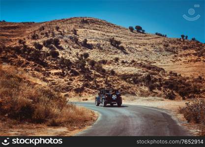 Traveling In the Big Comfortable Jeep along Mountainous roads of Lebanon. Beautiful Wild Mountains. Picturesque View. Active Summer Vacation.