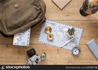 traveling items wooden background