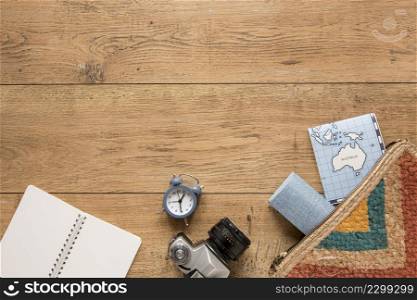 traveling items wooden background view