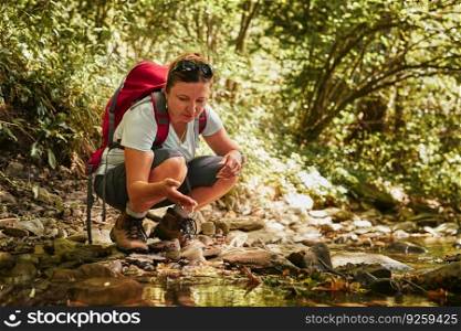 Traveling trekking with backpack concept image. Backpacker female in trekking boots crossing mountain river. Woman hiking in mountains during summer trip. Vacation trip close to nature. Natural scenery