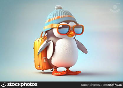 Traveller penguin wearing blue hat and sunglasses on a colorful background. Generative AI 