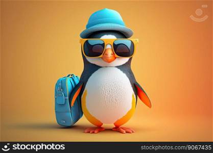 Traveller penguin wearing blue hat and sunglasses on a orange background. Generative AI 