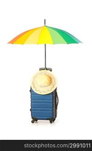 Travelling concept with case and umbrella on the white