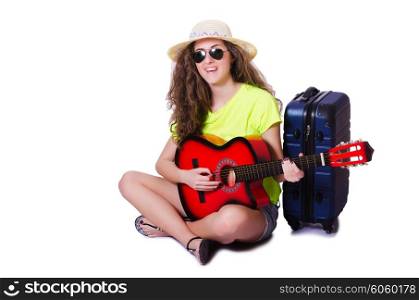 Travelling guitar player isolated on white
