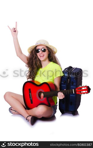 Travelling guitar player isolated on white