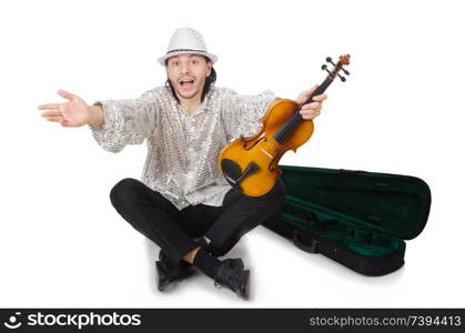 Travelling musician isolated on white. Man with violin isolated on white