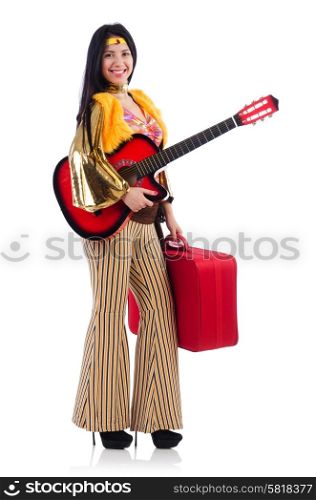 Travelling musician with suitcase and guitar