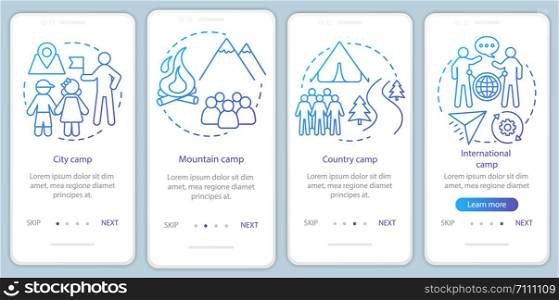Travelling, nature camps onboarding mobile app page screen vector template.Camping vacation, trip. Walkthrough website steps with linear illustrations. UX, UI, GUI smartphone interface concept