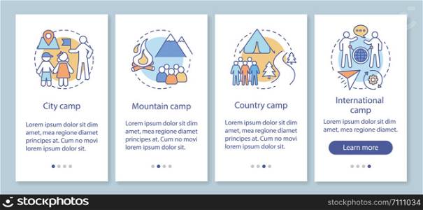 Travelling, nature camps onboarding mobile app page screen with linear concepts. Camping vacation, trip walkthrough steps graphic instructions. UX, UI, GUI vector template with illustrations