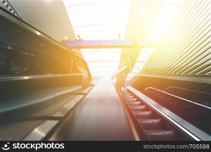 Travelling scene on train station, moving stairway for public transport