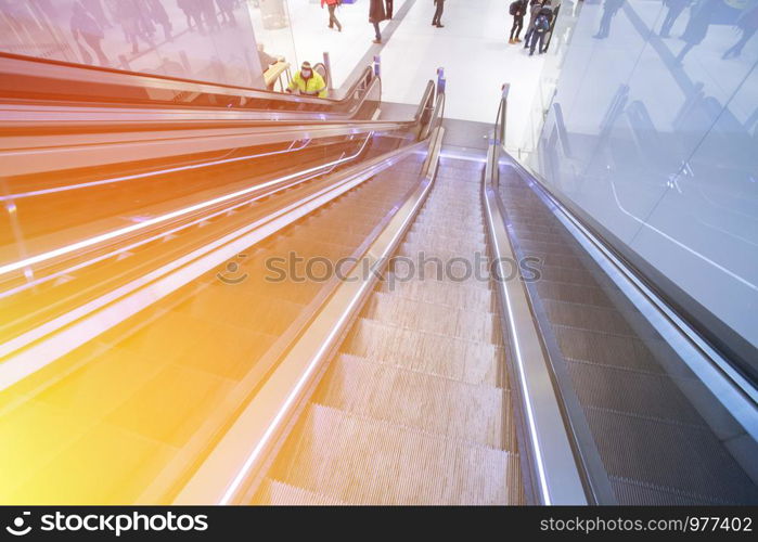 Travelling scene on train station, moving stairway for public transport