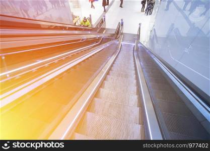 Travelling scene on train station, moving stairway for public transport
