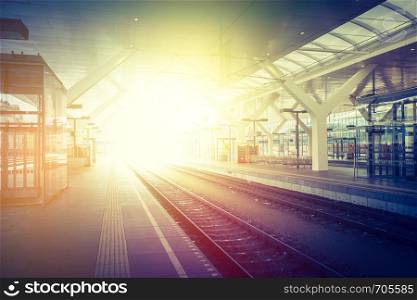 Travelling scene on train station, rail platform or track