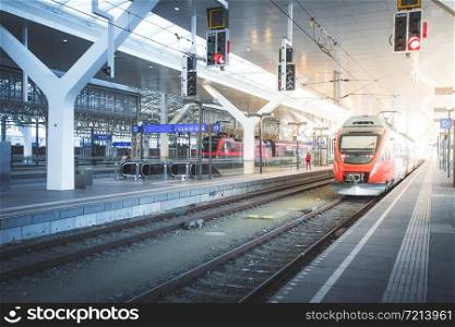 Travelling scene on train station, rail platform or track