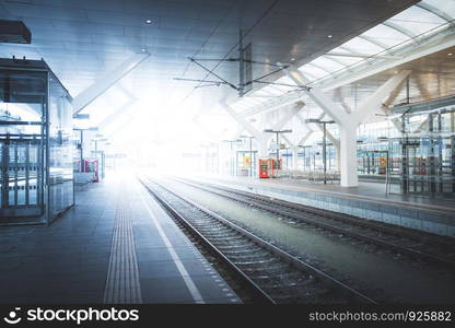 Travelling scene on train station, rail platform or track