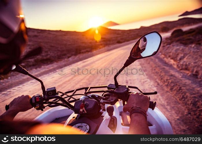 Travels on the bike, riding on the motorbike along Greece, active sportive summer adventure, driver enjoying summer vacation. Motorbike travels
