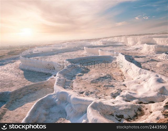 Travertine terraces without water in Pamukkale. Sunset. Denizli, Turkey. Travertine terraces without water in Pamukkale