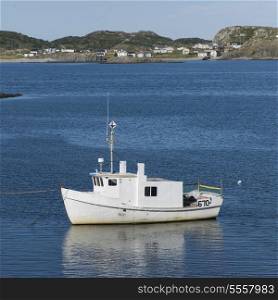 Trawler Fishng Boat at harbor with town in background, Twillingate, North Twillingate Island, Newfoundland And Labrador, Canada