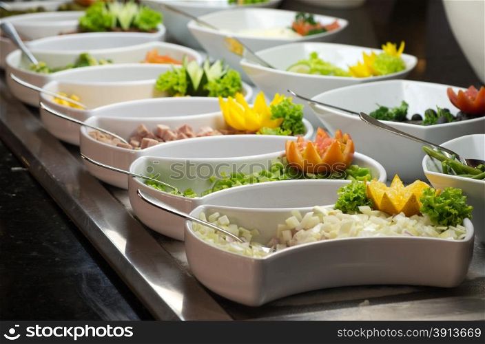 tray of assorted food for salad buffet in local market The salad