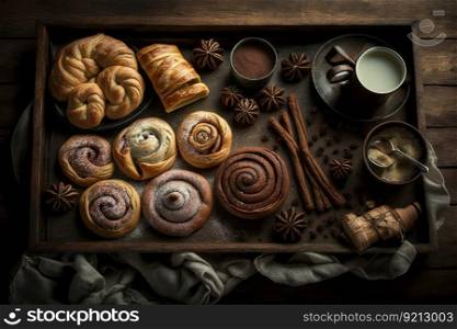 tray of cinnamon rolls and other sweet pastries for breakfast, created with generative ai. tray of cinnamon rolls and other sweet pastries for breakfast