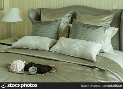 tray of crochet on bed in luxury bedroom