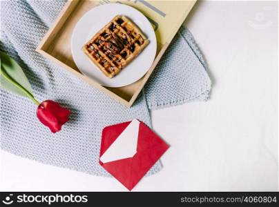 tray with belgian waffle red tulip scarf