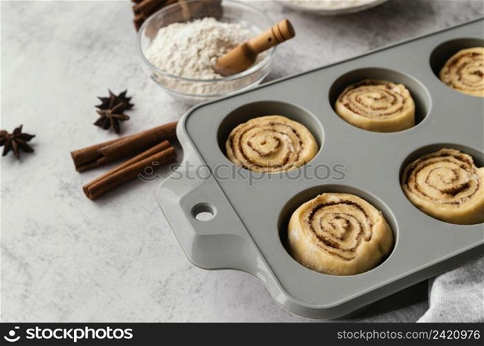 tray with delicious rolls high angle