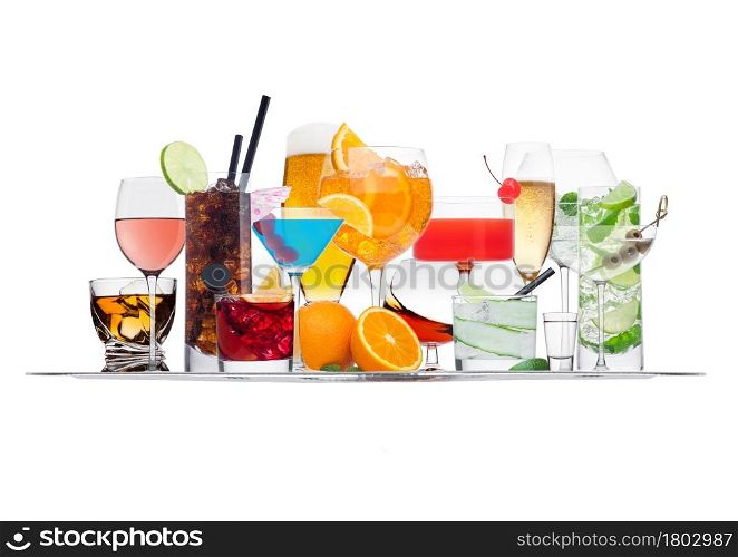 Tray with various cocktails with ice isolated on white background.Blue lagoon, martini, negroni, mojito, spritz, gimlet, cuba libre, cosmopolitan, margarita.