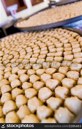 Trays of Baklava Pastries on Display In An Arabic Restaurant