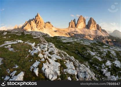 Tre Cime and Monte Paterno at sunset, Italian Dolomites