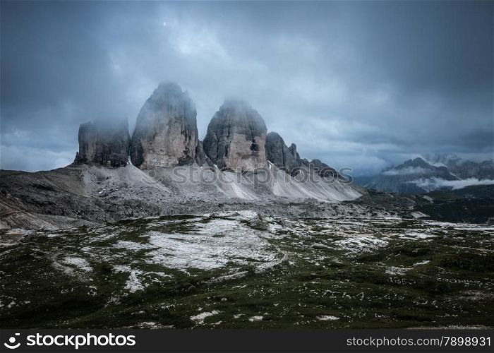 Tre Cime at cloudy evening, Italian Dolomites