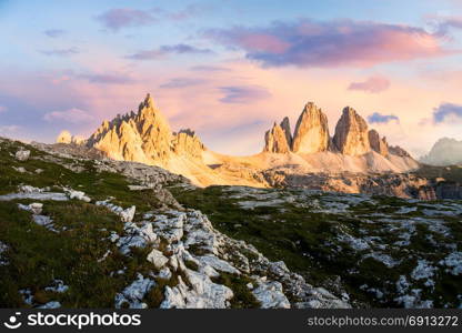 Tre Cime mountain at beautiful sunset, Dolomites Alps, Italy