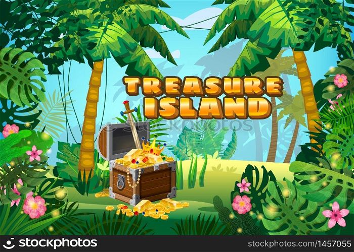 Treasure Island Pirate chest full of gold coins gems crown sword. Jungle tropical forest. Treasure Island Pirate chest full of gold coins gems crown sword. Jungle tropical forest palms different exotic plants leaves, flowers, lianas, flora, rainforest landscape background. For design game, apps, banners, prints. Vector illustration isolated