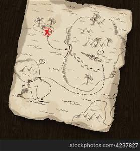 Treasure map on wooden background. Map under mask, you can change the location.