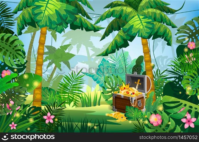 Treasure Pirate chest full of gold coins gems crown sword. Jungle tropical forest. Treasure Pirate chest full of gold coins gems crown sword. Jungle tropical island forest palms different exotic plants leaves, flowers, lianas, flora, rainforest landscape background. For design game, apps, banners, prints. Vector illustration isolated