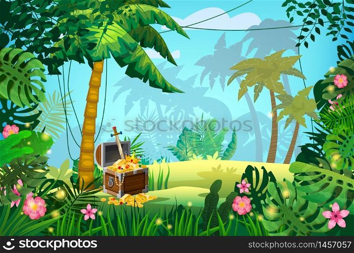Treasure Pirate chest full of gold coins gems crown sword. Jungle tropical forest. Treasure Pirate chest full of gold coins gems crown sword. Jungle tropical island forest palms different exotic plants leaves, flowers, lianas, flora, rainforest landscape background. For design game, apps, banners, prints. Vector illustration isolated