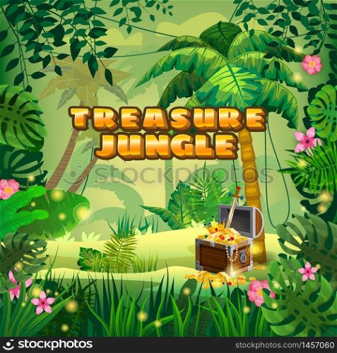 Treasure Pirate chest full of gold coins gems crown sword. Jungle tropical forest. Treasure Pirate chest full of gold coins gems crown sword. Jungle tropical forest palms different exotic plants leaves, flowers, lianas, flora, rainforest landscape background. For design game, apps, banners, prints. Vector illustration isolated