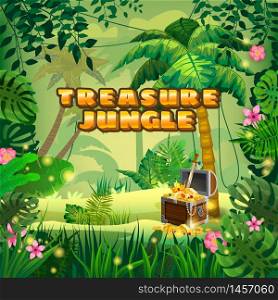 Treasure Pirate chest full of gold coins gems crown sword. Jungle tropical forest. Treasure Pirate chest full of gold coins gems crown sword. Jungle tropical forest palms different exotic plants leaves, flowers, lianas, flora, rainforest landscape background. For design game, apps, banners, prints. Vector illustration isolated