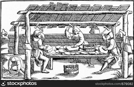 Treatment of gold and silver ore in the sixteenth century, vintage engraved illustration. From the Universe and Humanity, 1910.