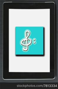 Treble clef over lite blue square, on the screen of a tablet