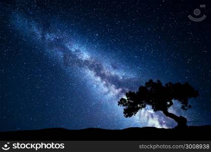 Tree against Milky Way. Night landscape. Night colorful scenery. Starry sky in summer. Beautiful universe. Space background with galaxy and old tree. Blue milky way. Travel