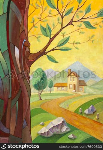 Tree and the Building in the countryside. The rural landscape with the tree trunk with a young branch in a foreground and the road to small mansion far away. This is my artwork - the oil painting 70x50 cm. .