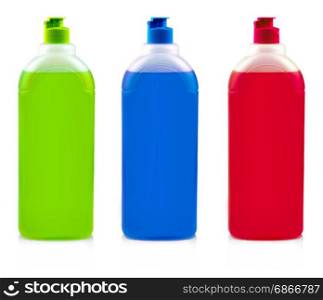 Tree colore bottles with dishwashing detergent on white background