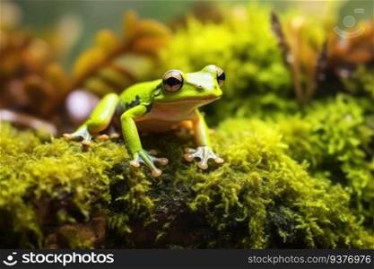 Tree frog sitting on moss. Generative AI