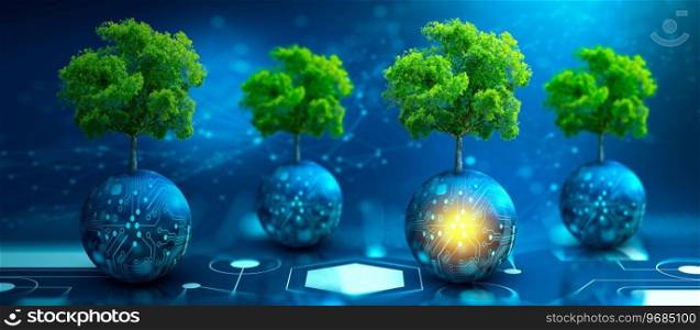 Tree growing on Circuit digital ball. Digital Convergence and Technology Convergence. Blue light and Wireframe network background. Green Computing, Green Technology, Green IT, csr, and IT ethics Concept.