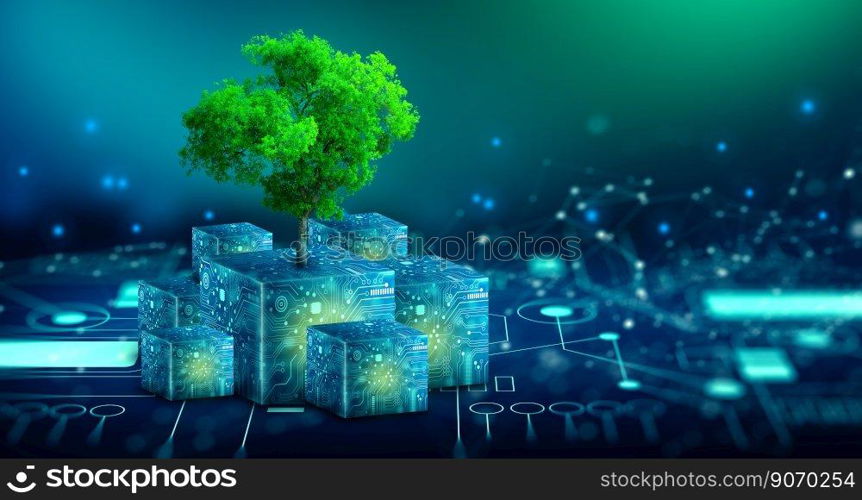 Tree growing on Circuit Digital Cube. Digital and Technology Convergence. Blue light and Wireframe network background. Green Computing, Green Technology, Green IT, csr, and IT ethics Concept.