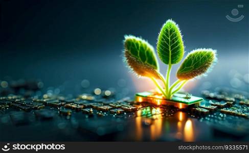 Tree growing on CPU chip with circuit mainboard. Eco technology, Green IT, Nature Technology, and Ecology Concept. Generative Ai.